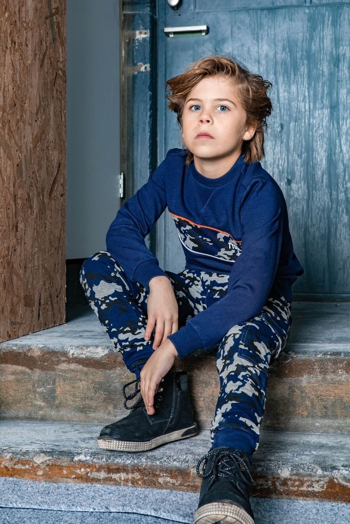 Boys Slim Track Pants with Camo Print | Front View