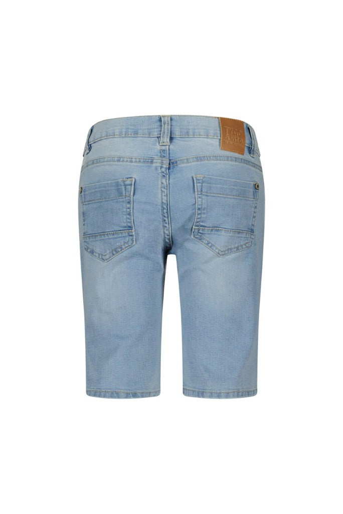 Back view of the light blue denim shorts Quinn on a white background