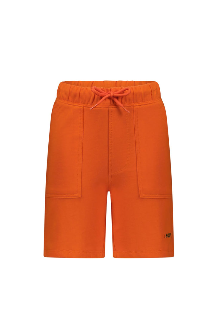 Orange shorts with a drawstring on a white background