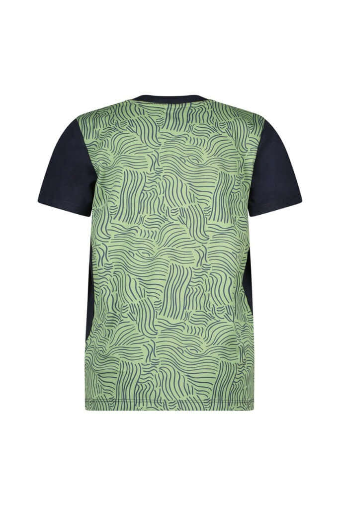Green patterned T-shirt Tanner by B.Nosy with black sleeves on a white background