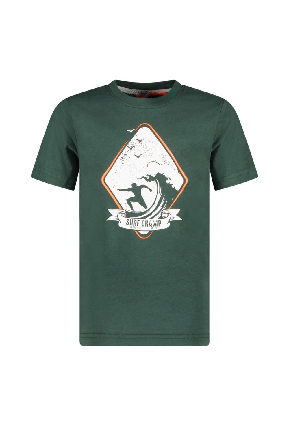 Front view of the boys' green t-shirt Jaimy with a graphic design on a white background