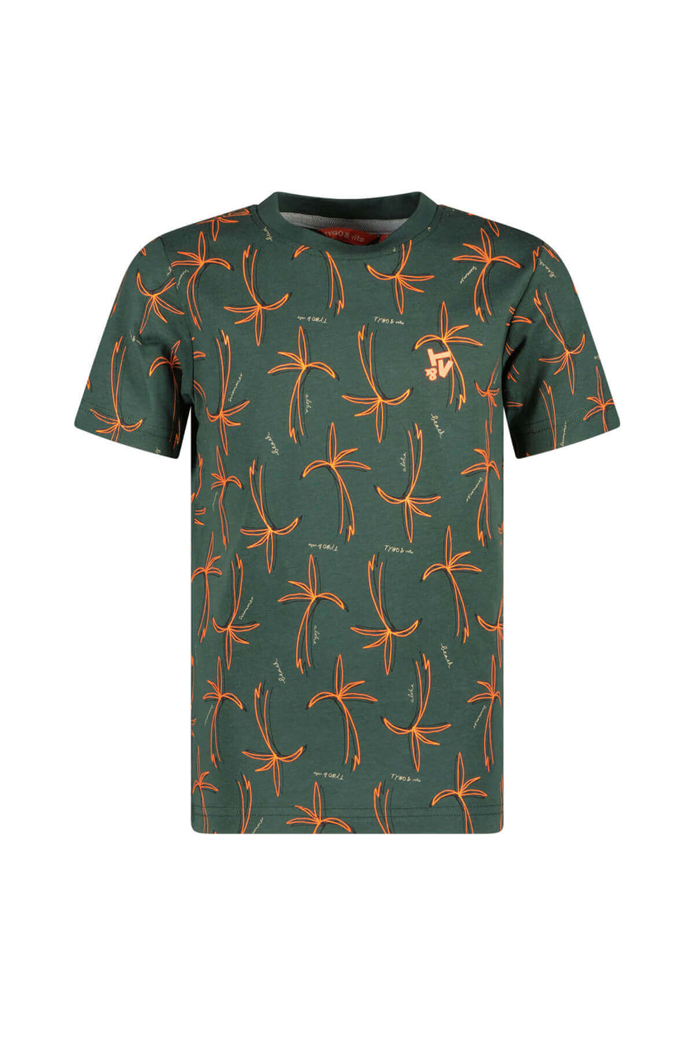 Front view of the green t-shirt Thijs with orange floral pattern on a white background