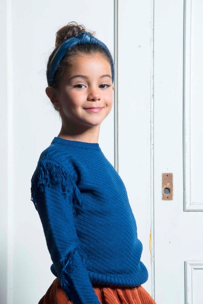 Close view of the girl wearing the blue knit jumper by B.Nosy