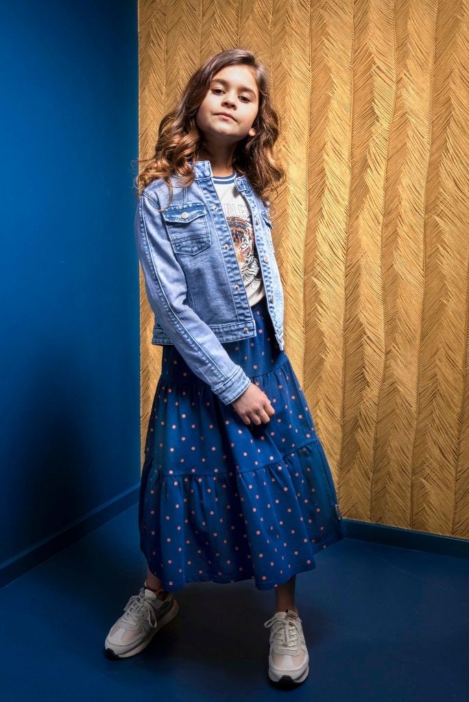 Girl wearing the blue maxi skirt by B.Nosy