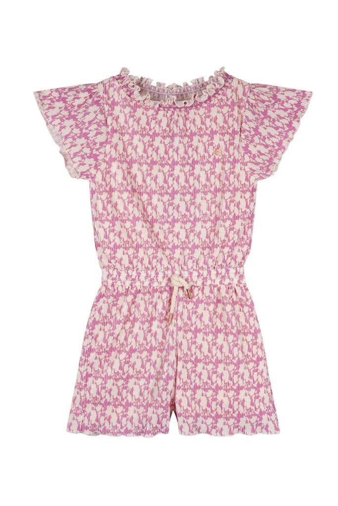 Front view of the pink floral playsuit Syl on a white background