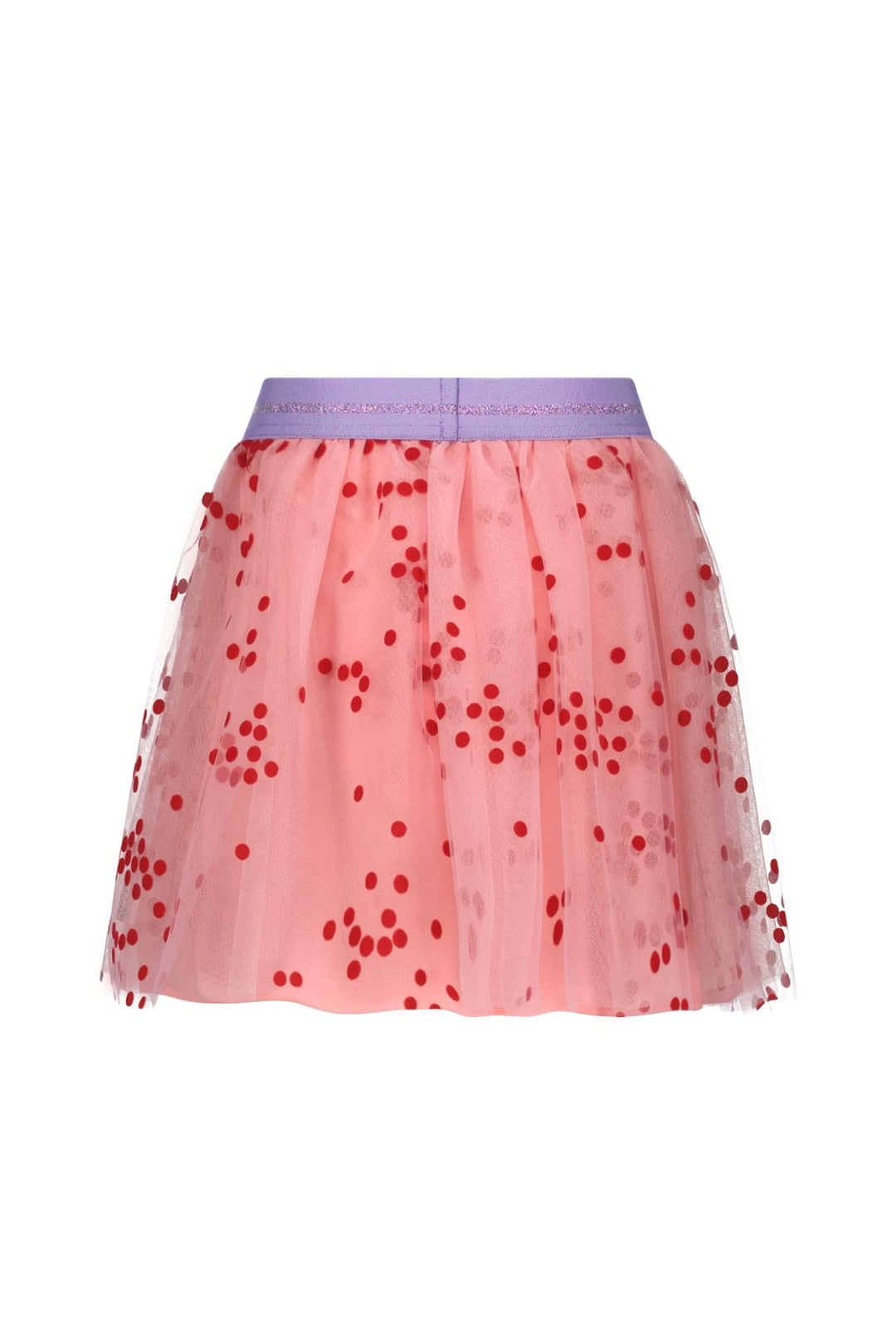 Back view of the pink tulle skirt River with red polka dots on a white background