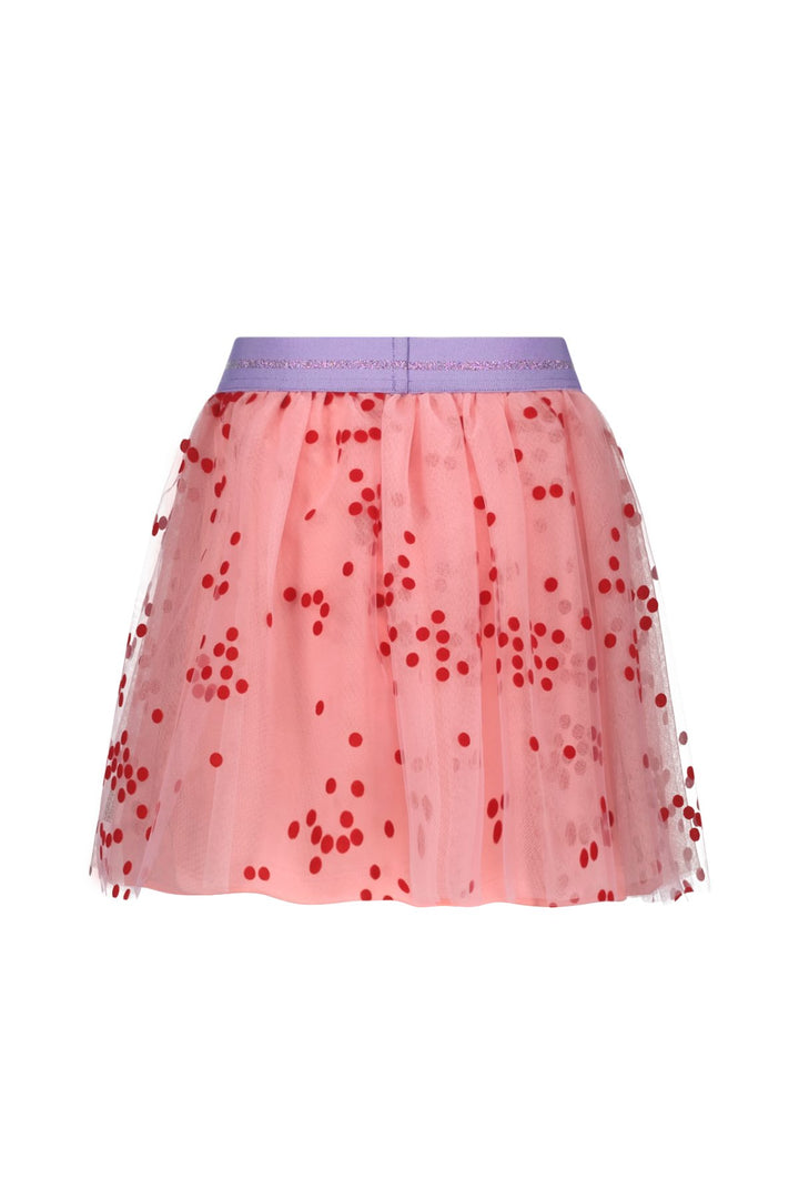 Back view of the pink tulle skirt River with red polka dots on a white background