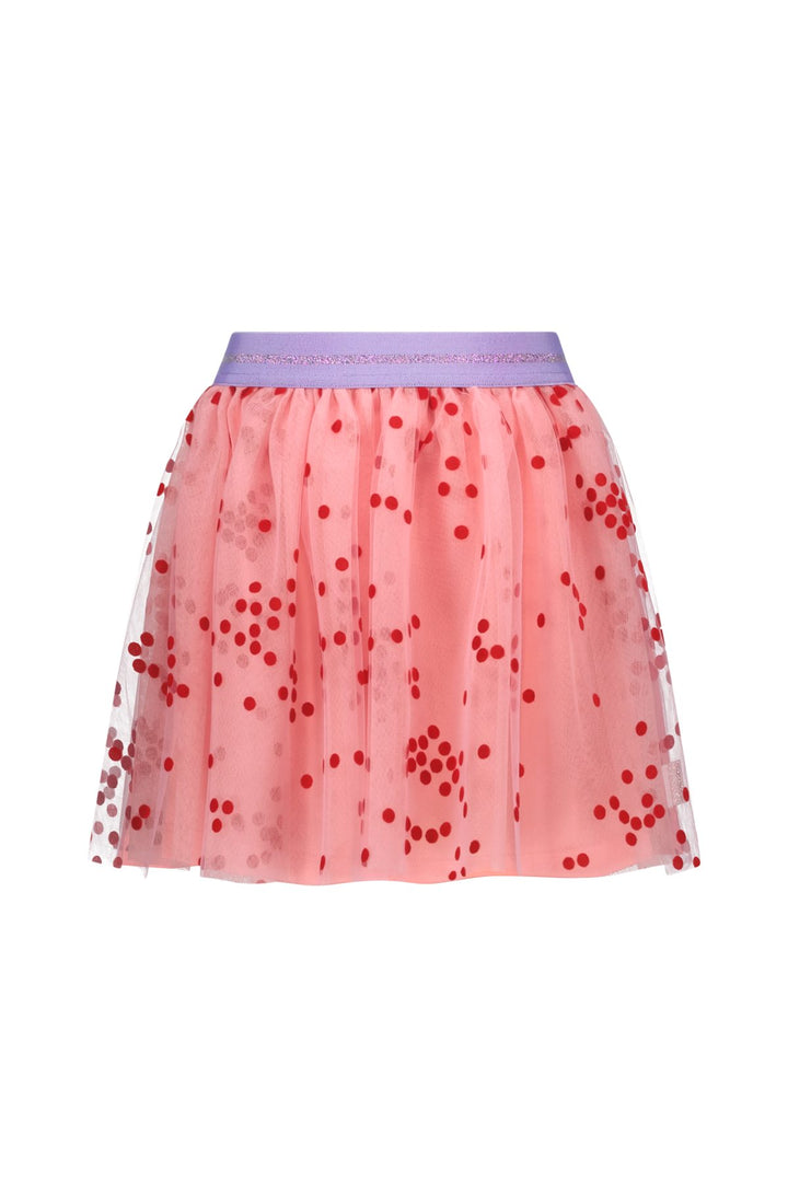 Pink tulle skirt River with red polka dots on a white background