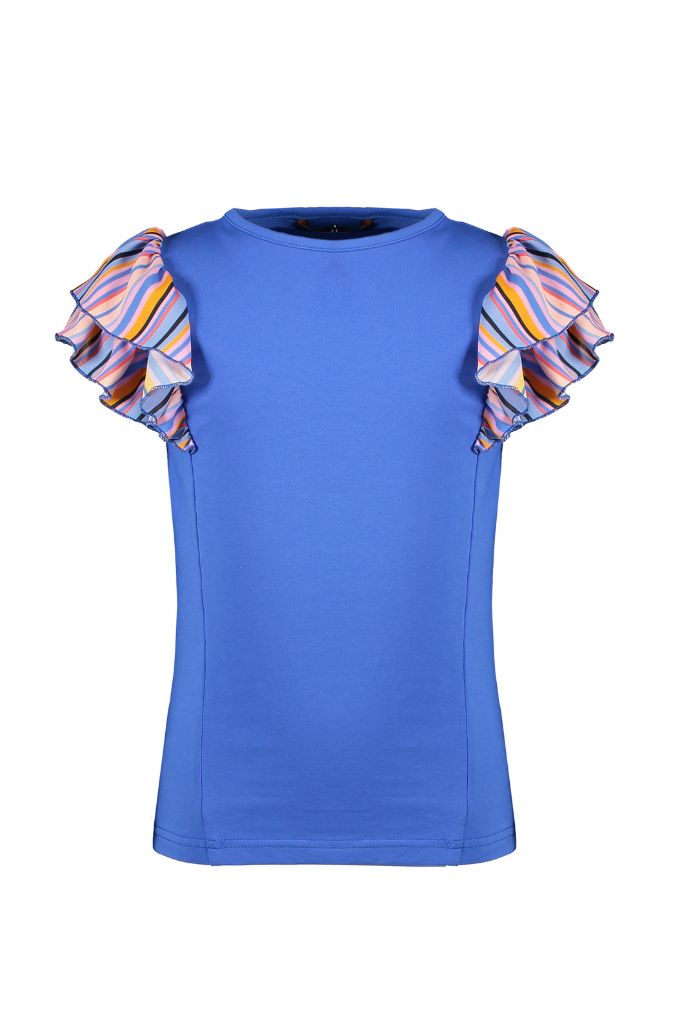 Kayla shirt with fancy woven ruffled contrast sleeves in blue