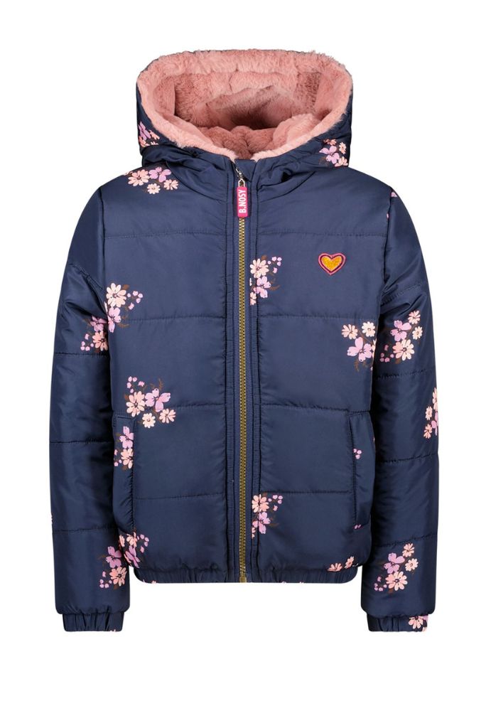 Girls Pink Faux Fur Winter Jacket Flower Print Reversible | Front View 