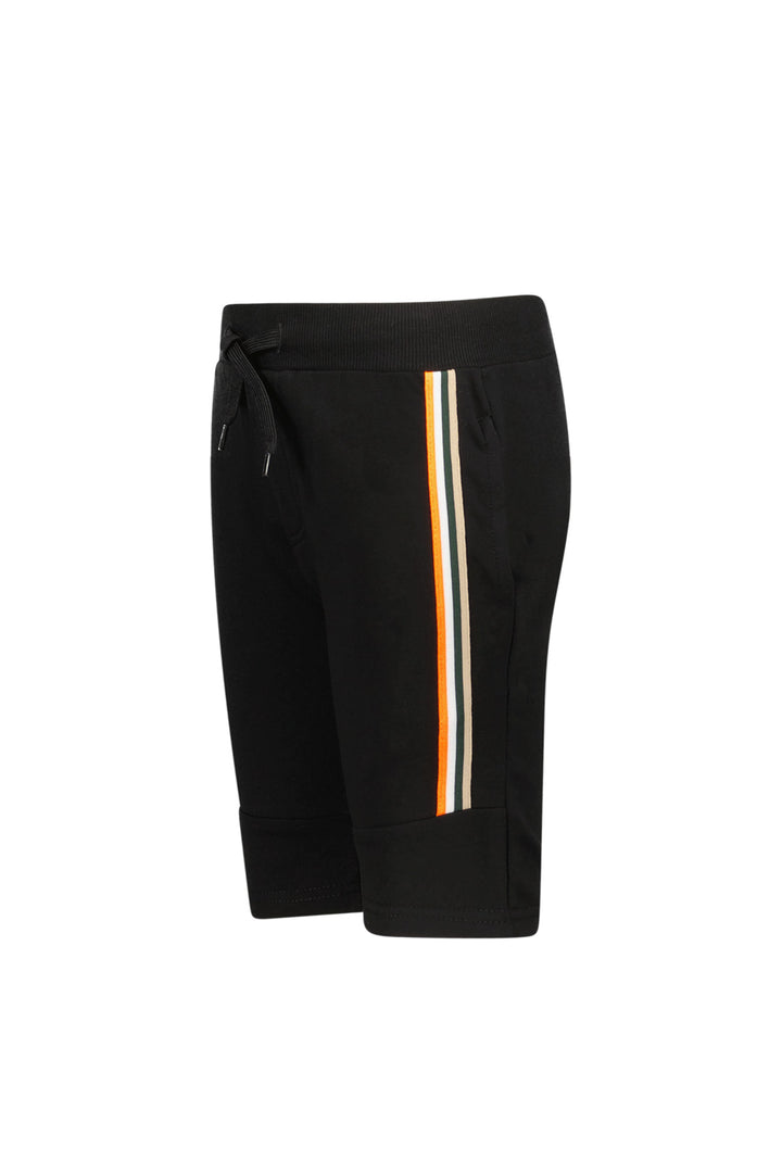 Side view of the black shorts Bing with colorful stripes on a white background