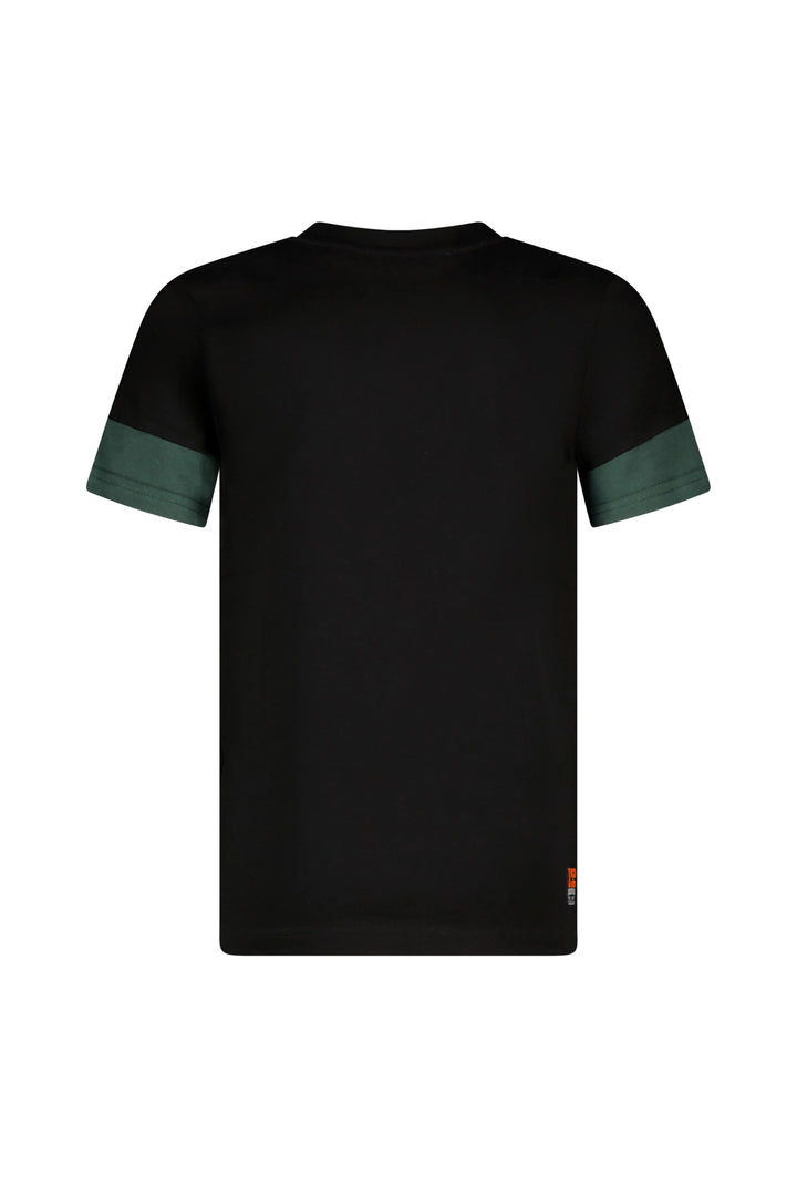 Back view of the black t-shirt Toby with green sleeves on a white background