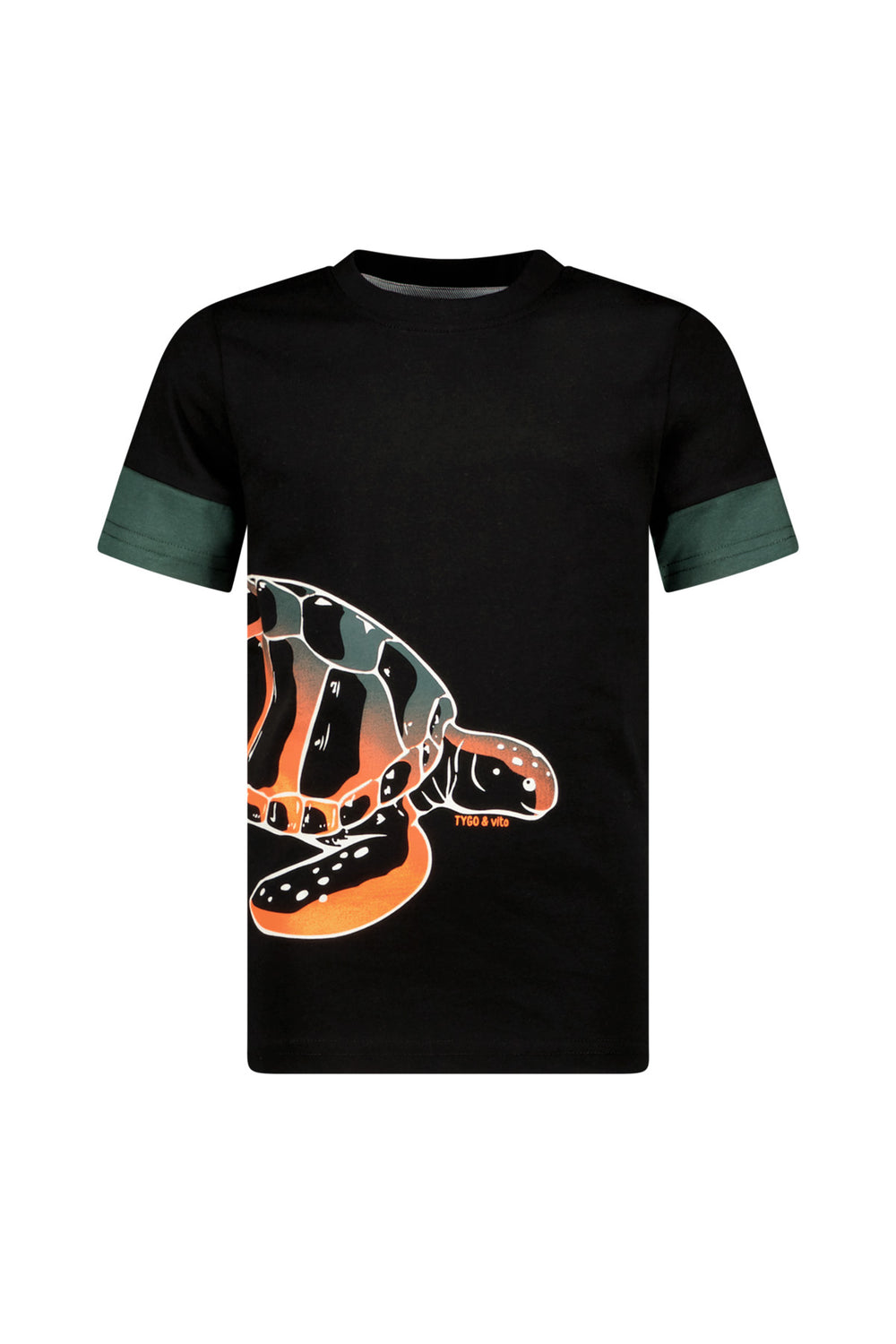 Front view of the black t-shirt Toby with a colorful turtle graphic on a white background