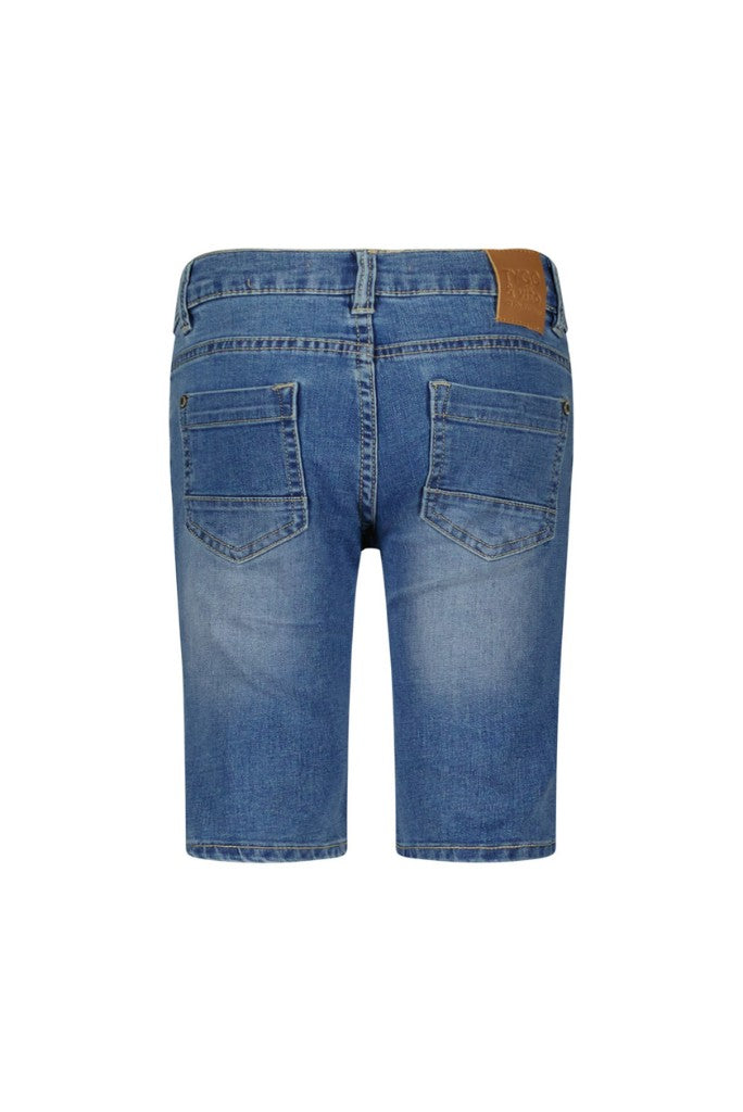 Back view of the blue denim shorts Quinn on a white background