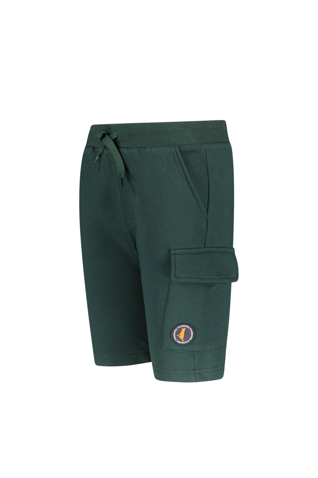 Side view of the green sweat shorts Bruce with a logo on a white background