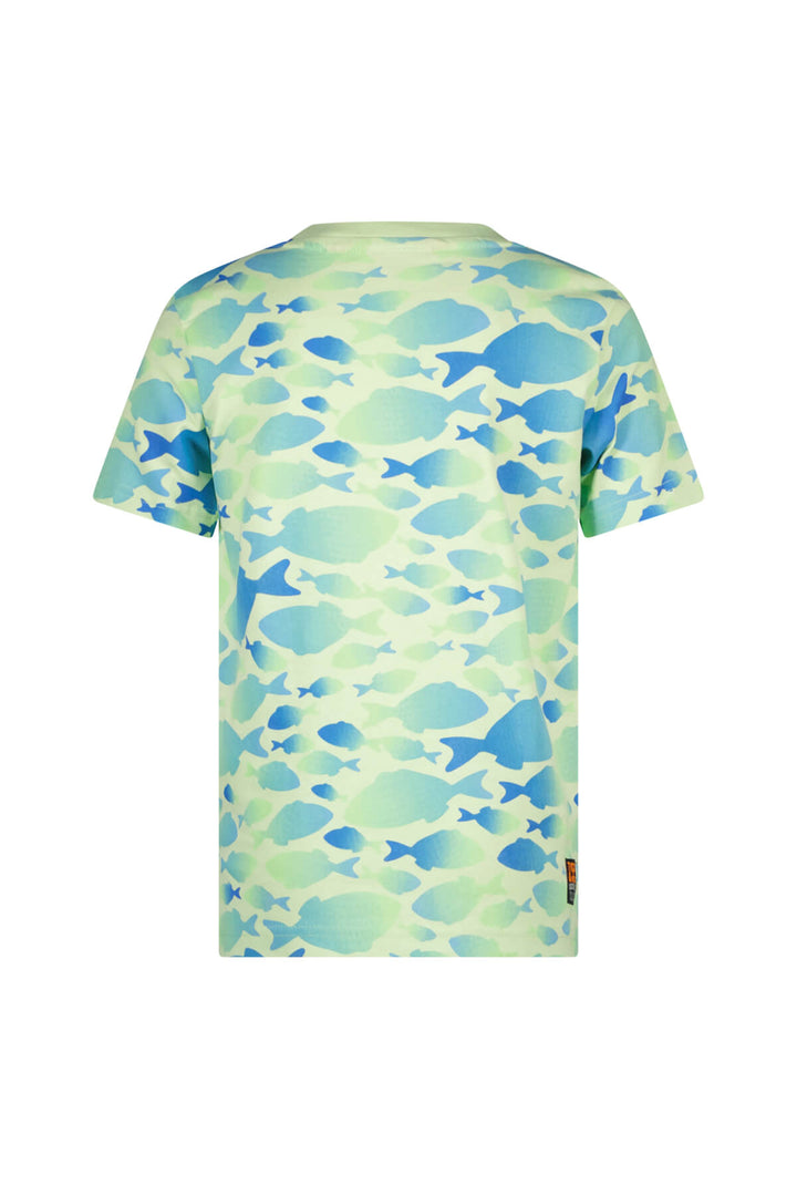 Back view of the Thijs T-Shirt with blue fish pattern on a white background