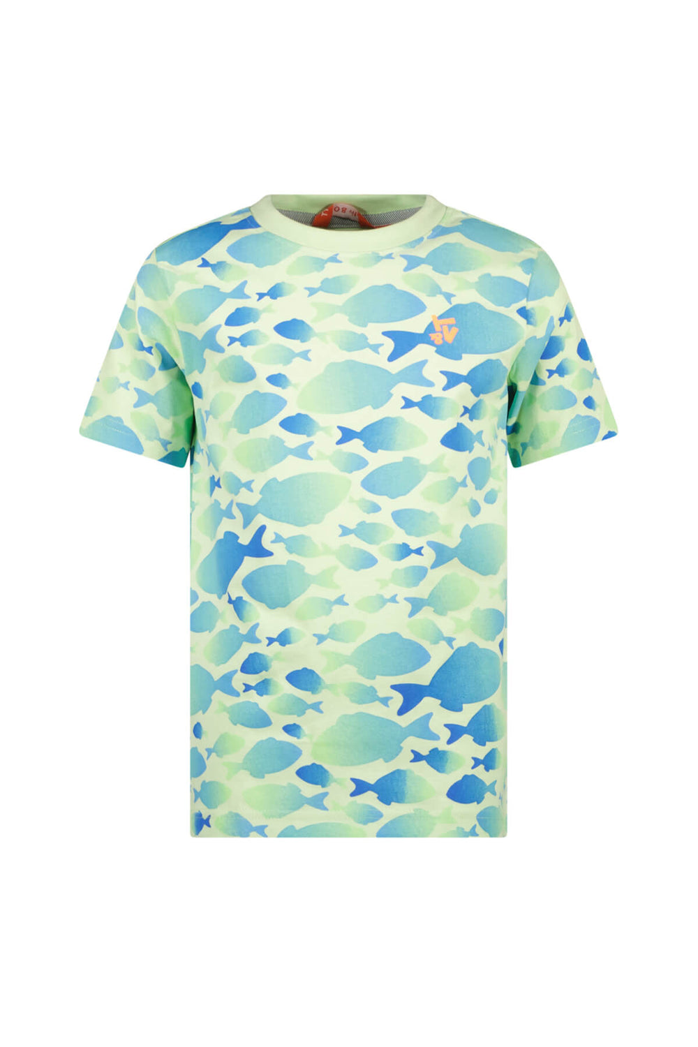 Front view of Thijs T-shirt with blue and green fish pattern on a white background