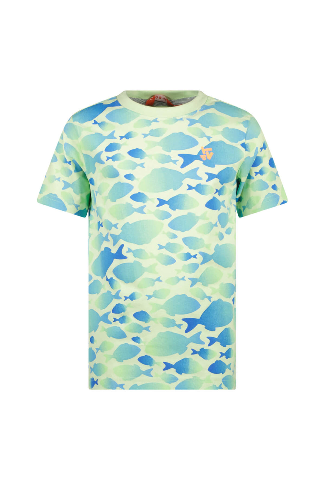 Front view of Thijs T-shirt with blue and green fish pattern on a white background