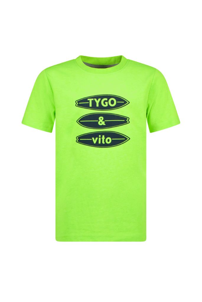 Boys neon green t-shirt James with 'Tygo & Vito' logo on a white background