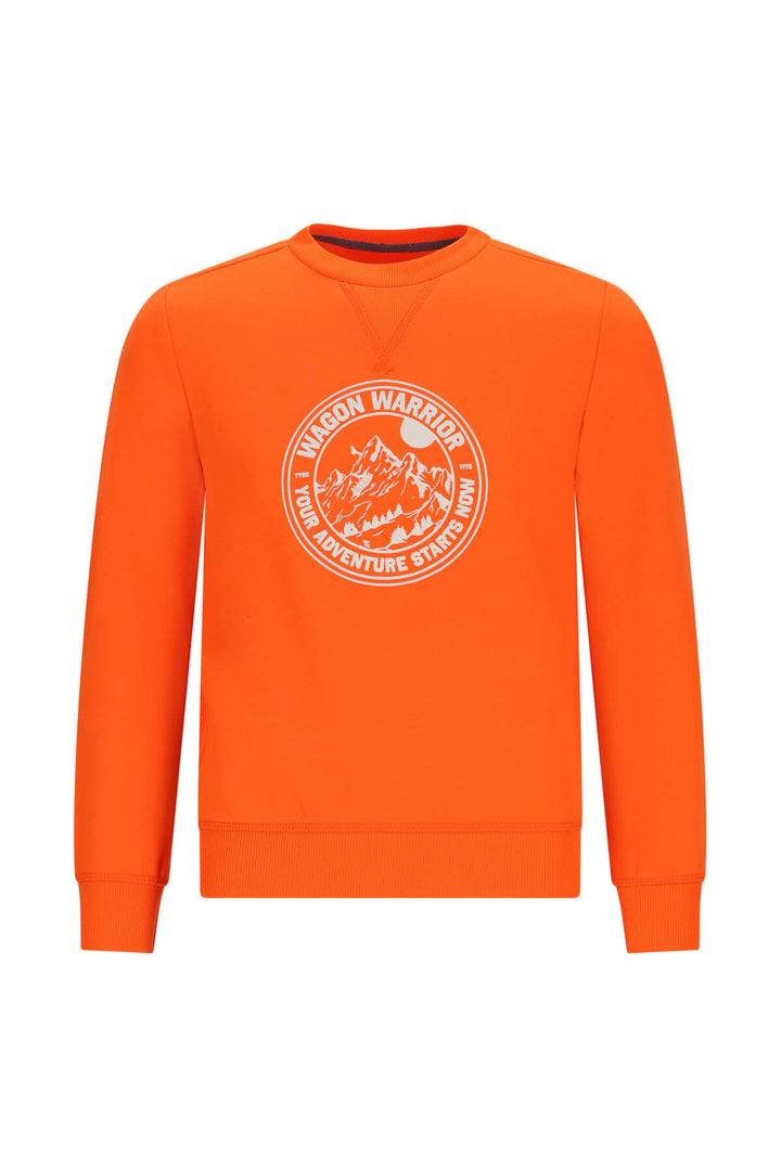 Boys neon orange sweatshirt with a logo on a white background