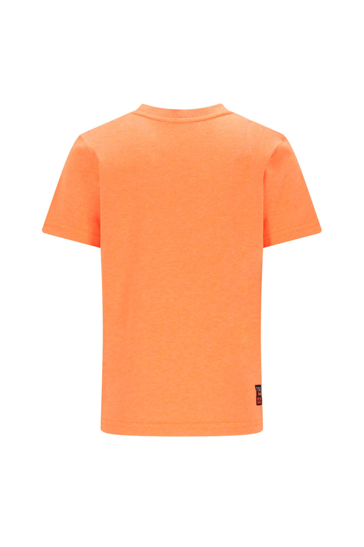 Back view of a bright orange short-sleeve t-shirt shown from the back, featuring a small black and white brand tag near the bottom right hem.