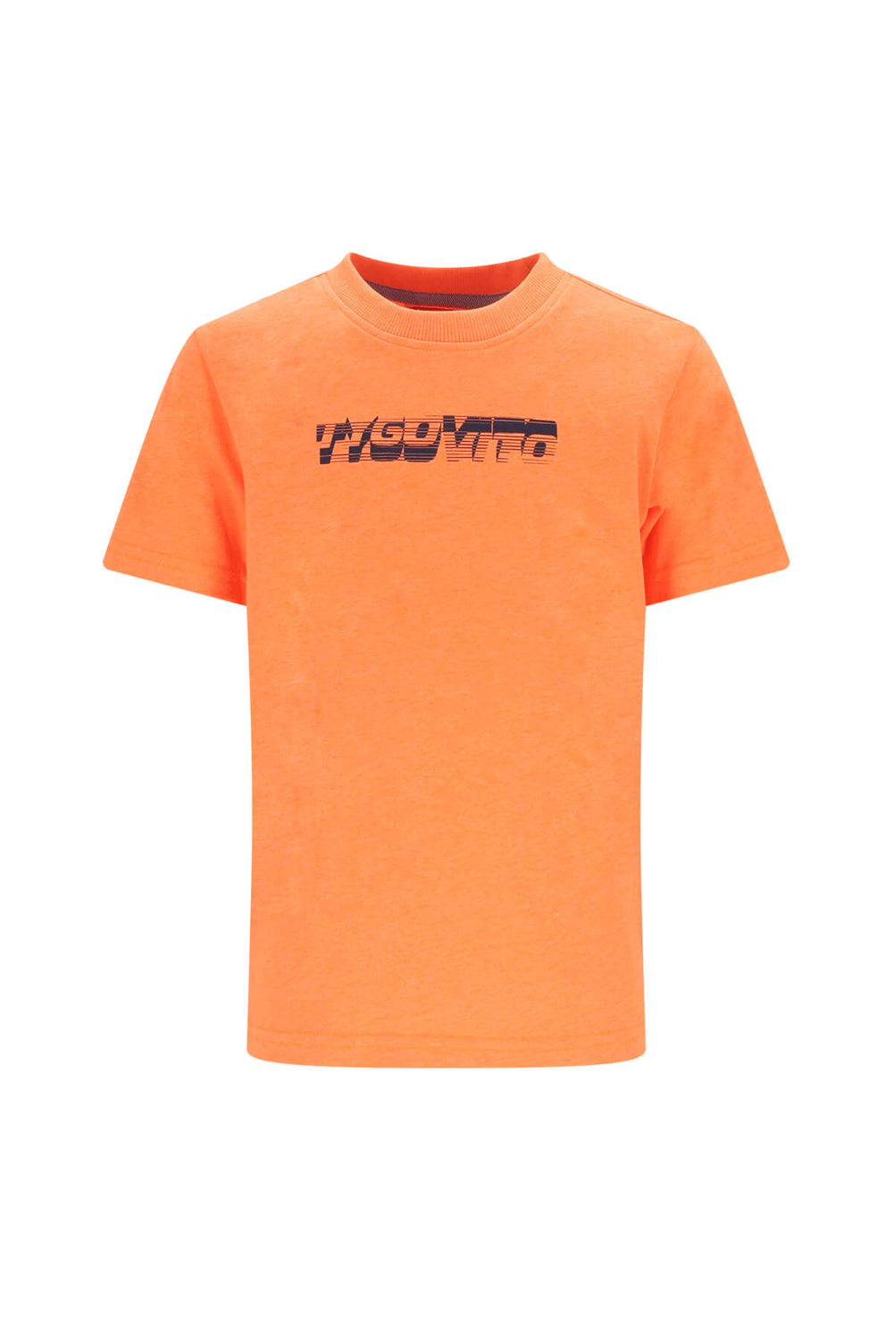 A bright neon orange t-shirt with a stylized dark navy graphic logo across the chest.