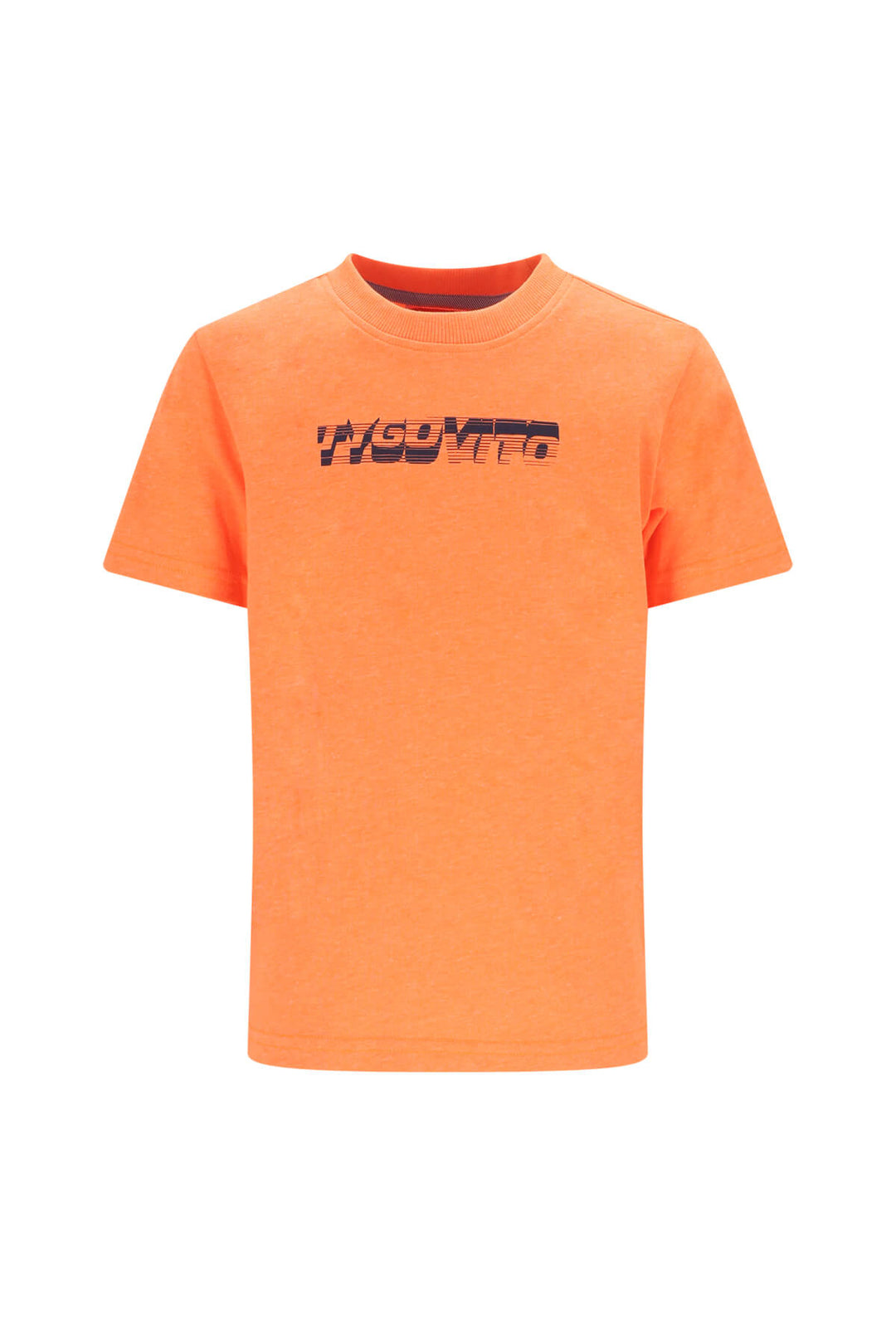 A bright neon orange t-shirt with a stylized dark navy graphic logo across the chest.