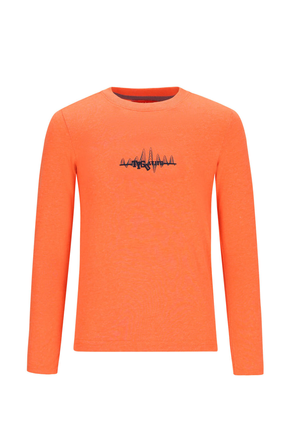 Neon orange boys long sleeve top with black text on a white background