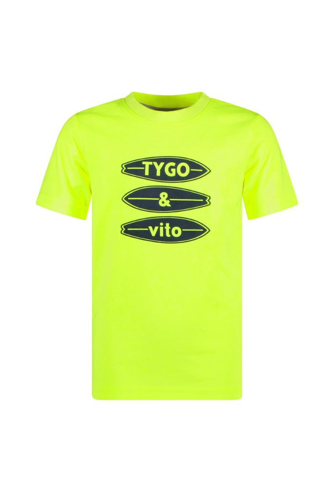 Boys neon yellow t-shirt James with 'Tygo & Vito' logo on a white background