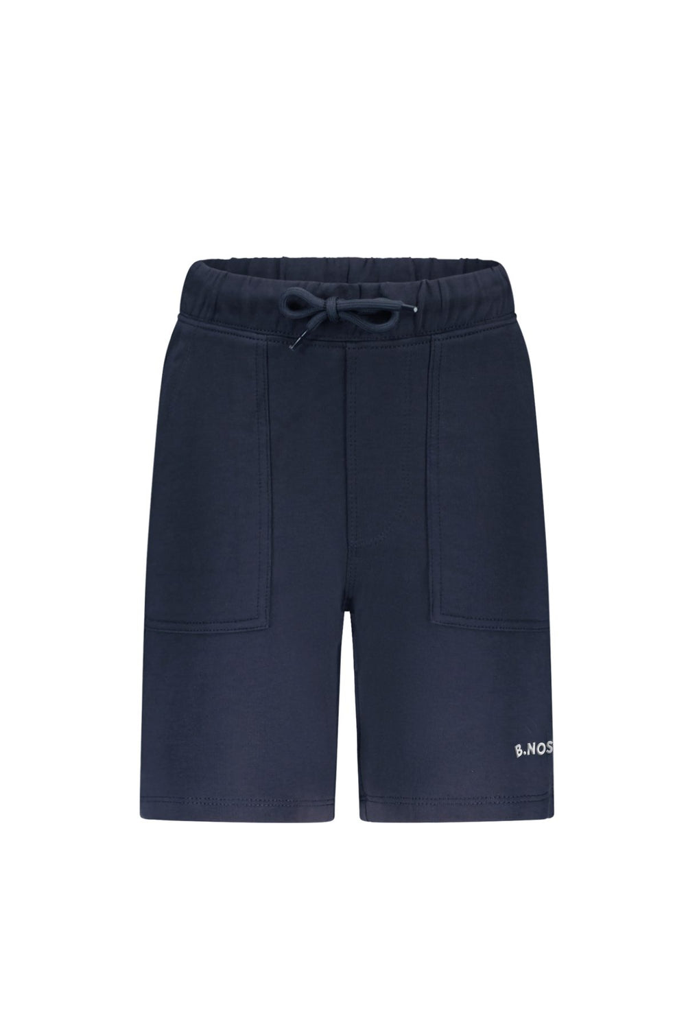 Navy blue shorts with a brand logo on a white background