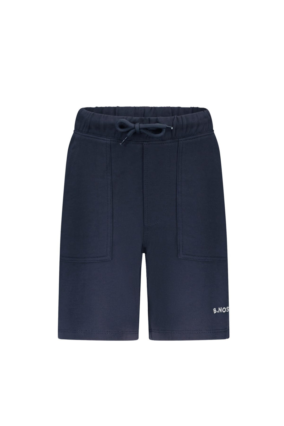 Navy blue shorts with a brand logo on a white background