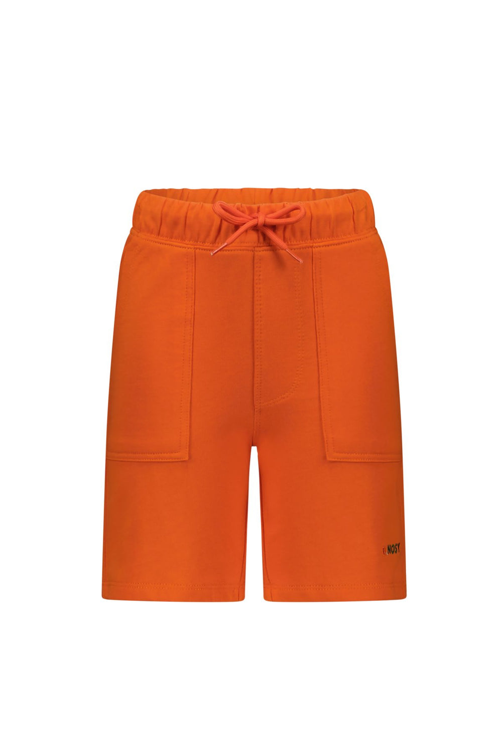 Orange shorts with a drawstring on a white background