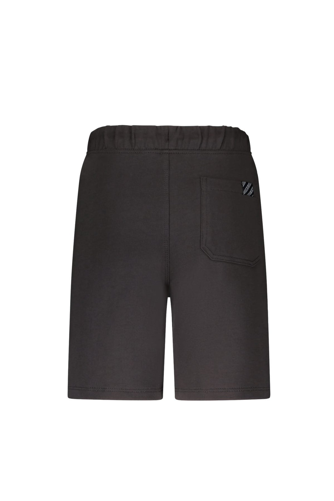 Back view of the black sweat shorts Pax with an elastic waistband, a back pocket, and a small striped logo on the pocket, shown against a plain white background.