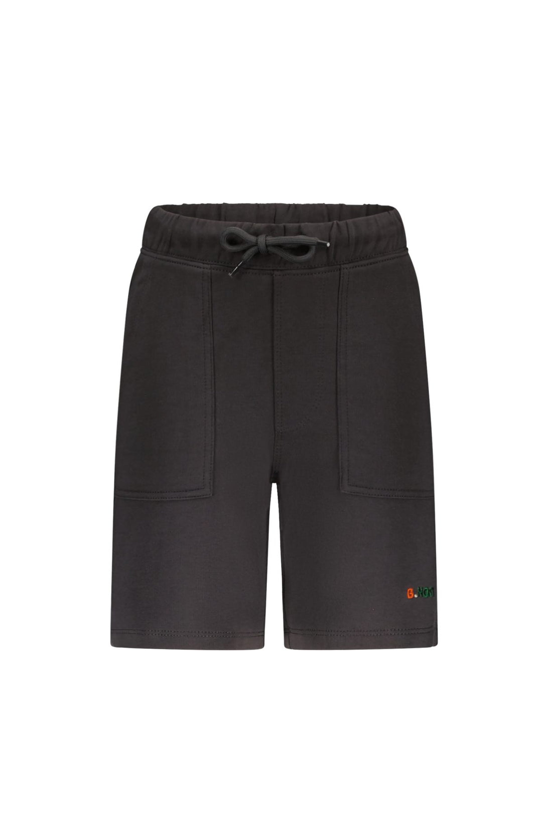 Black sweat shorts with an elastic drawstring waist and two front patch pockets, shown flat on a white background.