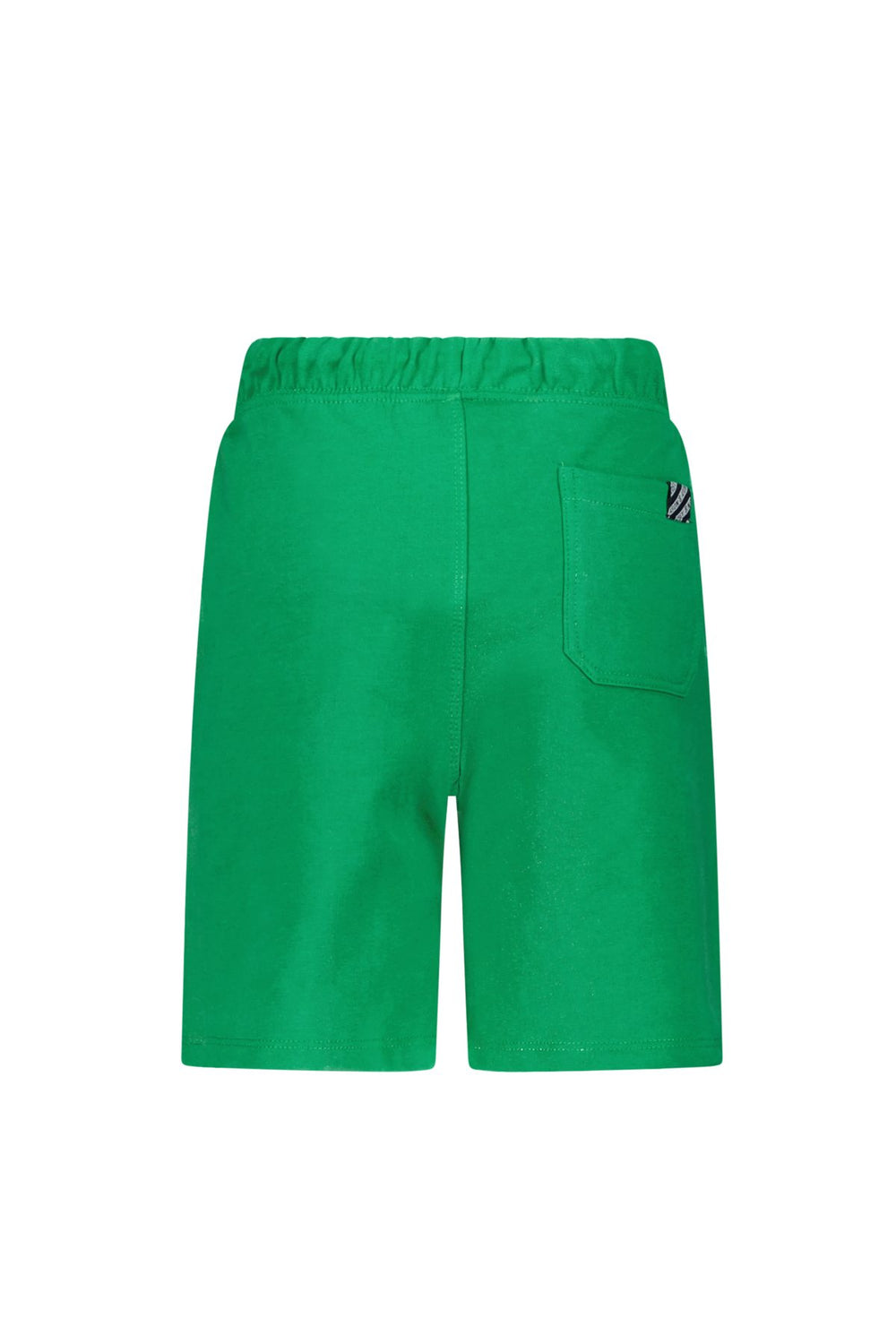 Bright green shorts with an elastic waistband and a side pocket featuring a small embroidered logo, shown against a plain white background.