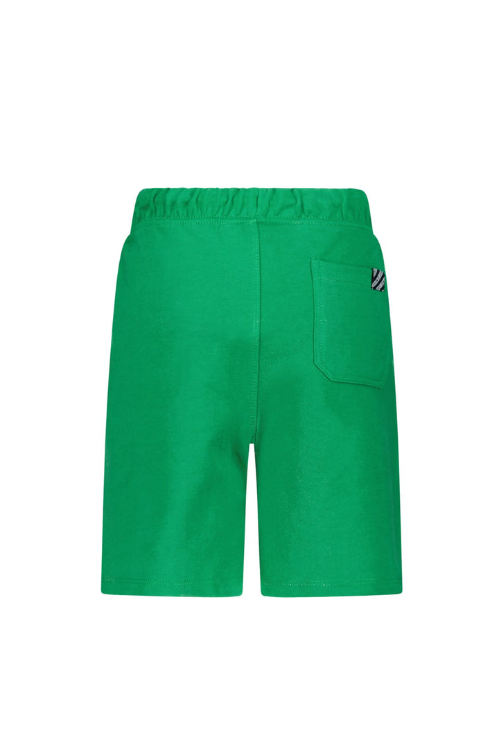 Bright green shorts with an elastic waistband and a side pocket featuring a small embroidered logo, shown against a plain white background.