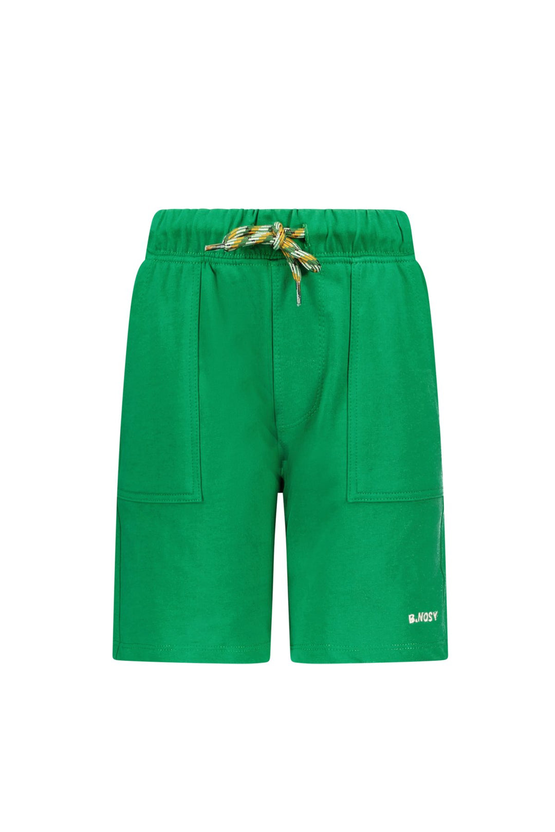 Bright green sweat shorts with an elastic drawstring waist and side pockets, shown flat against a white background.