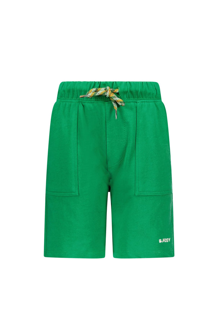 Bright green sweat shorts with an elastic drawstring waist and side pockets, shown flat against a white background.