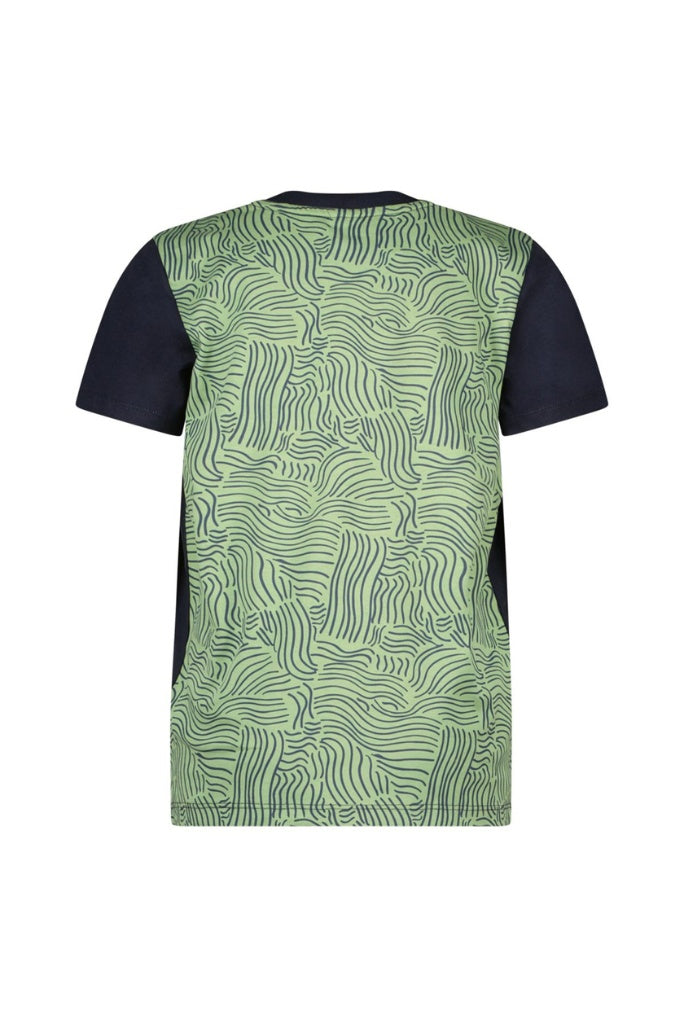 Green patterned T-shirt Tanner by B.Nosy with black sleeves on a white background