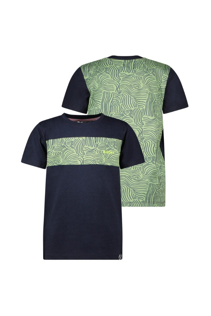 Two t-shirts with green and navy color block design on a white background