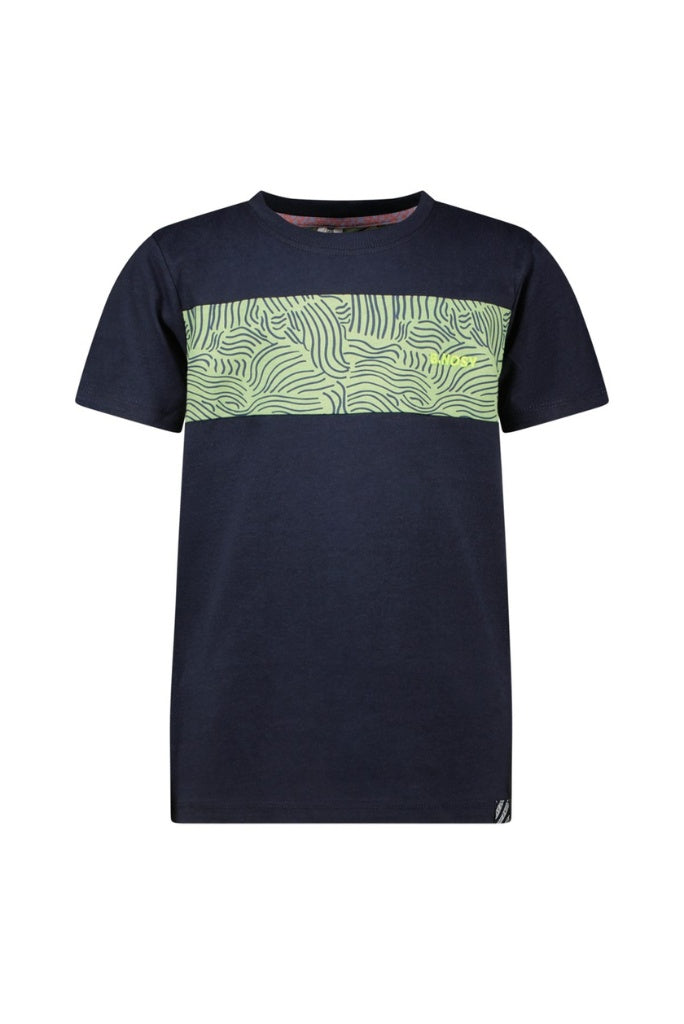 Navy blue t-shirt Tanner by B.Nosy with a green patterned stripe on a white background