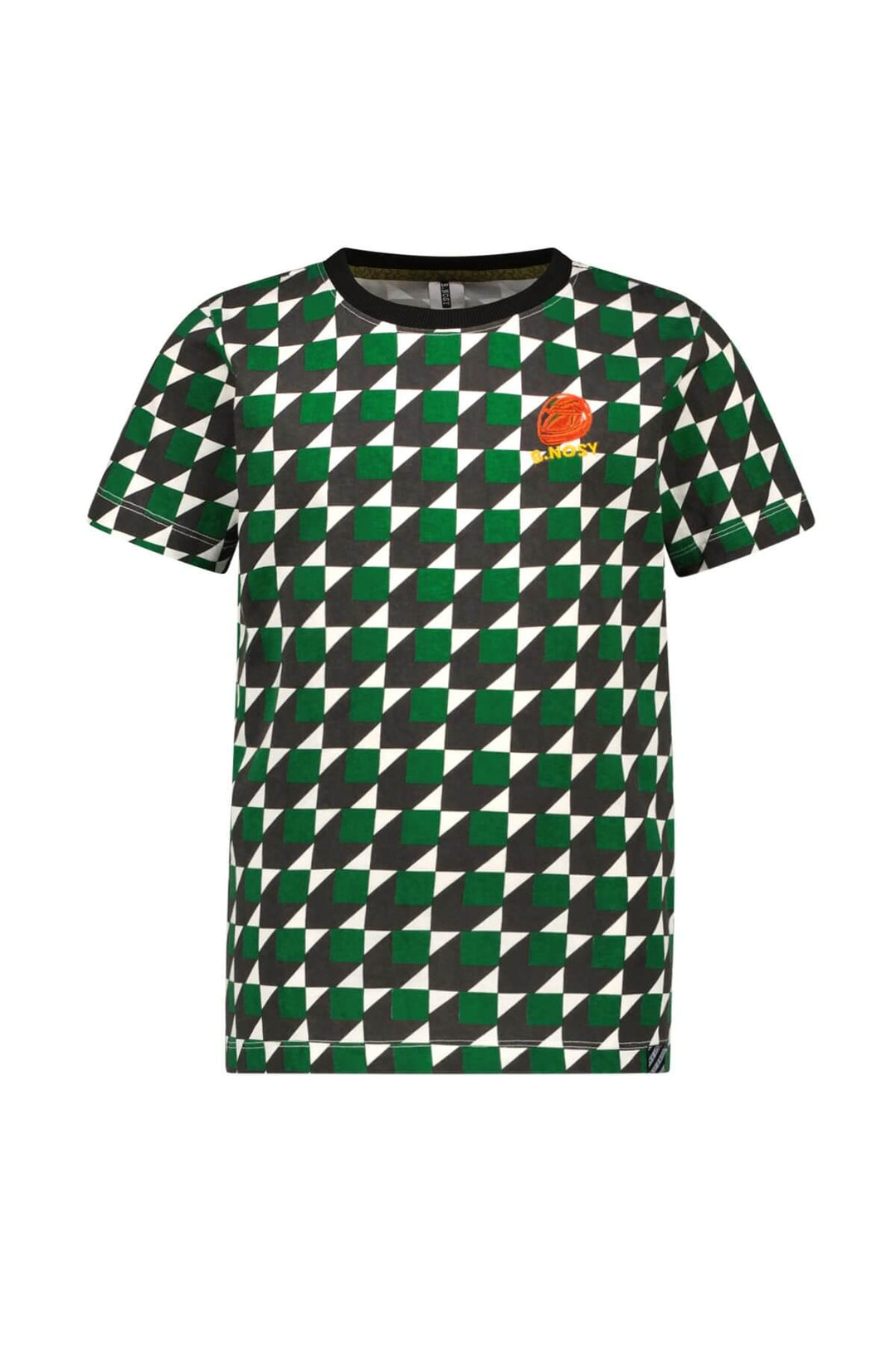 Green and black checkered t-shirt with a colorful logo on a white background