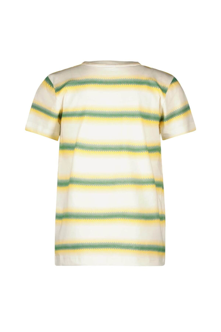 A short-sleeve crewneck t-shirt with horizontal stripes in yellow and green on a cream-colored base, shown against a plain white background.