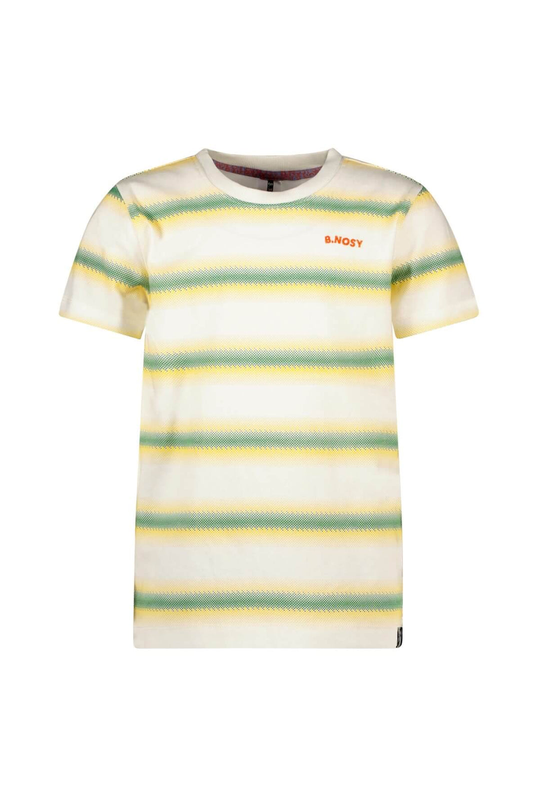A short-sleeve crewneck t-shirt with horizontal stripes in yellow, green, and blue on a cream base, featuring the &
