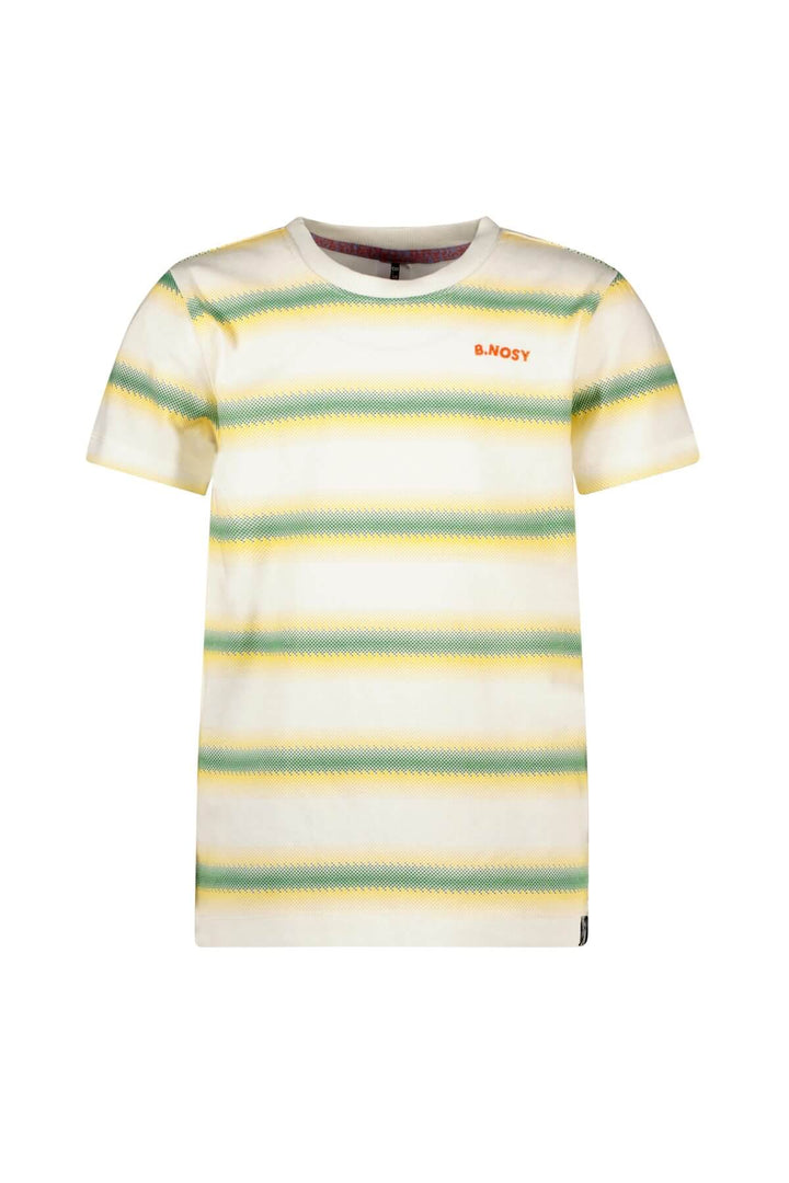 A short-sleeve crewneck t-shirt with horizontal stripes in yellow, green, and blue on a cream base, featuring the &