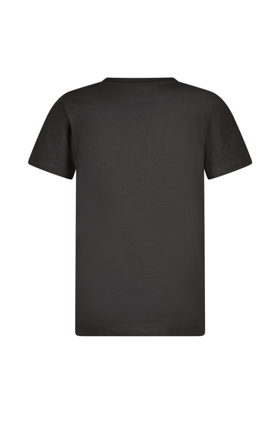 A plain black short-sleeve crewneck t-shirt shown from the back, isolated on a solid white background.