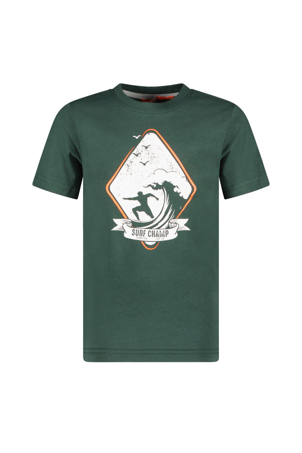 Front view of the boys' green t-shirt Jaimy with a graphic design on a white background