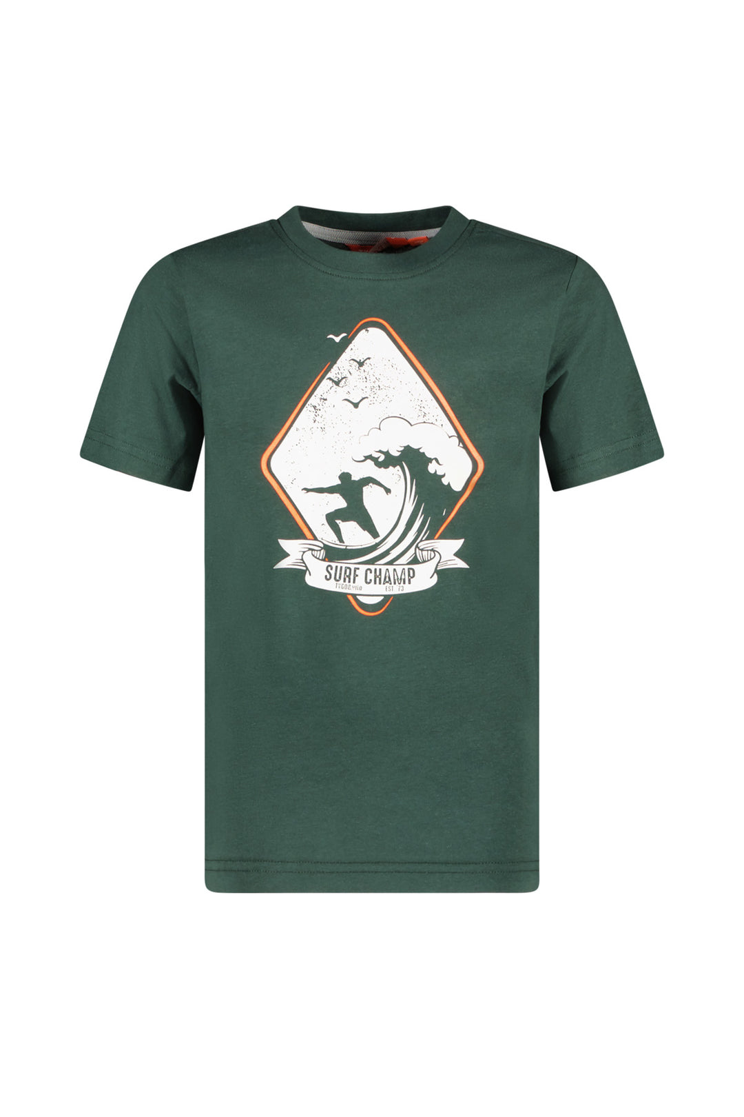 Front view of the boys' green t-shirt Jaimy with a graphic design on a white background