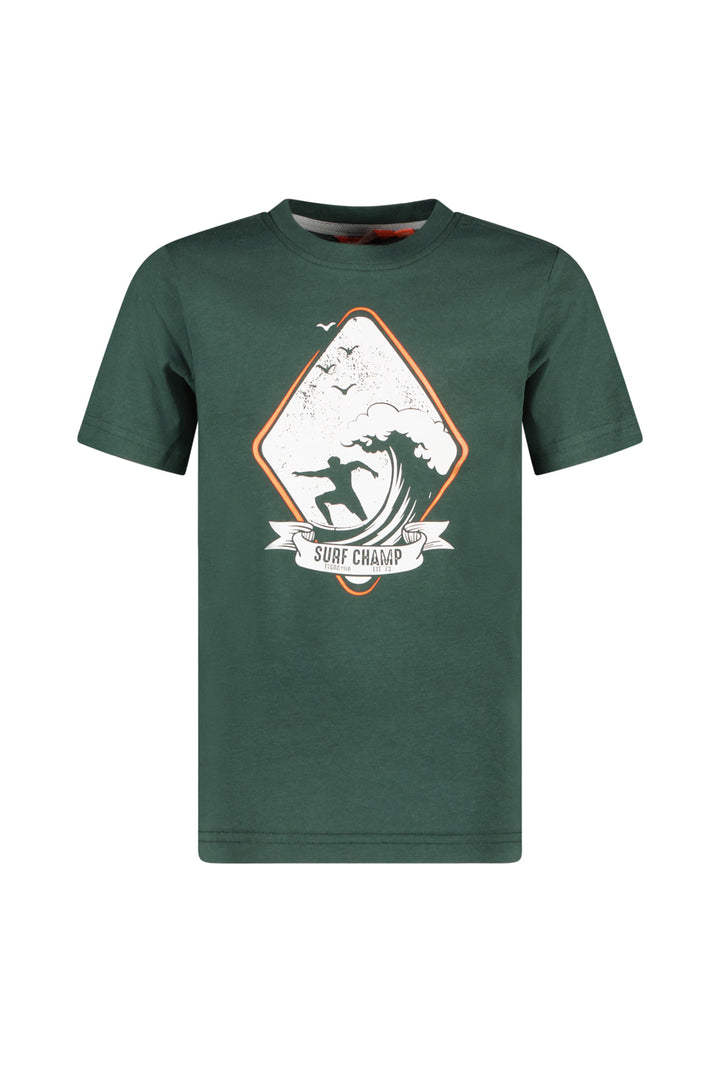 Front view of the boys' green t-shirt Jaimy with a graphic design on a white background
