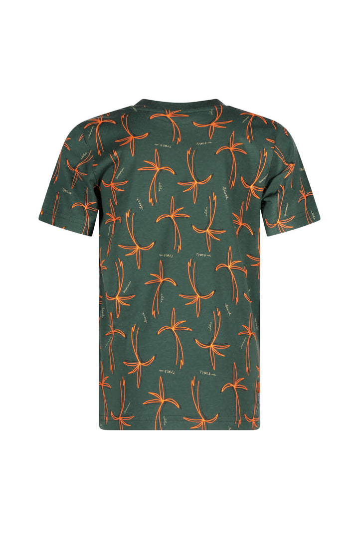 Back view of the green t-shirt Thijs with orange geometric pattern on a white background